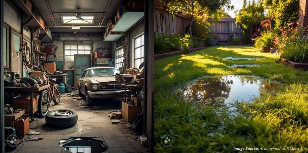 Standing water inside and outside garage