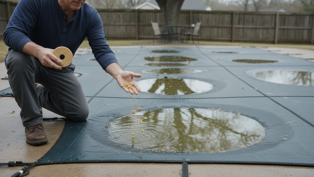 Adding Mosquito Dunks on Pool Cover
