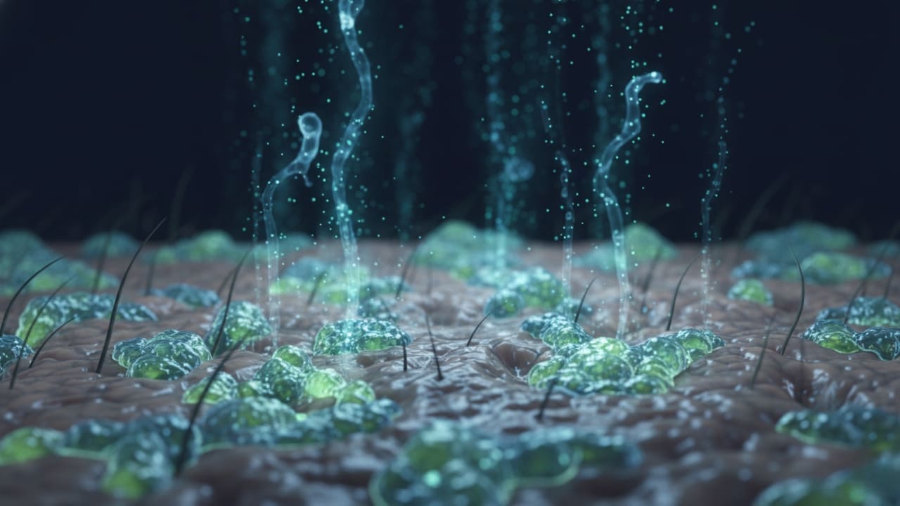 3D representation of human skin surface showing bacteria colonies and sweat compounds rising as vapor