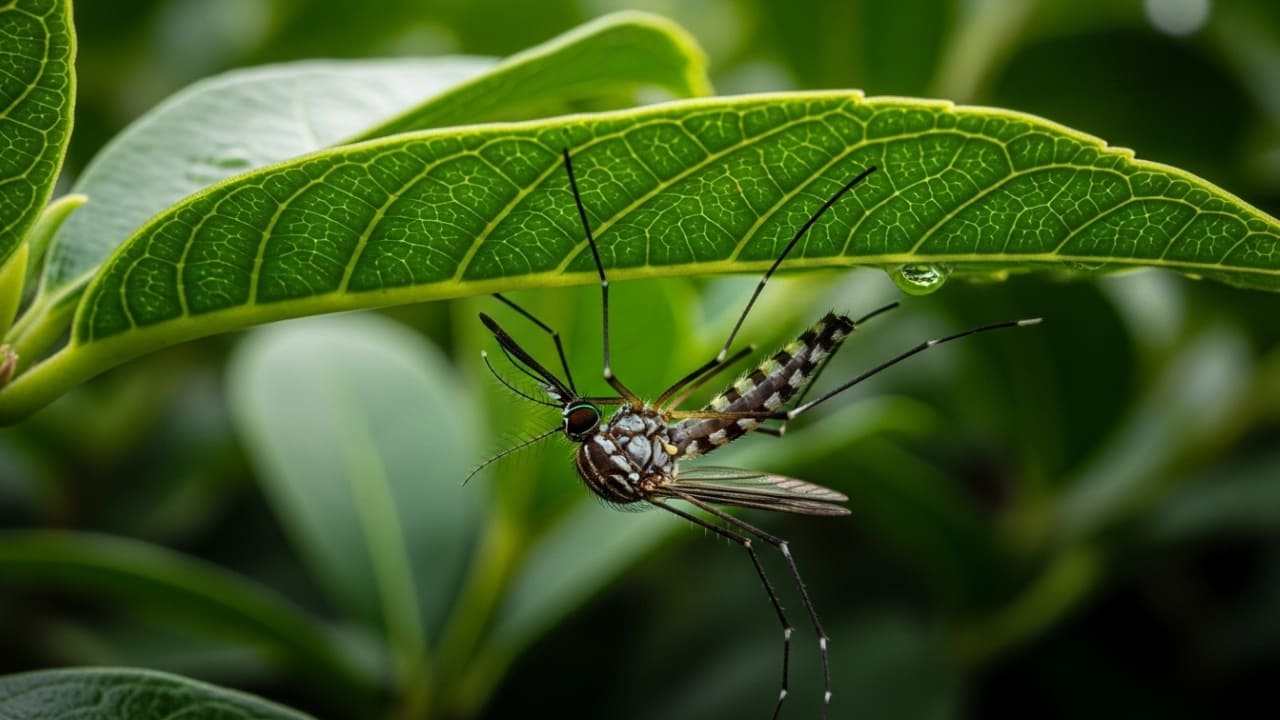 Mosquito resting under a leaf in a dense garden shrub