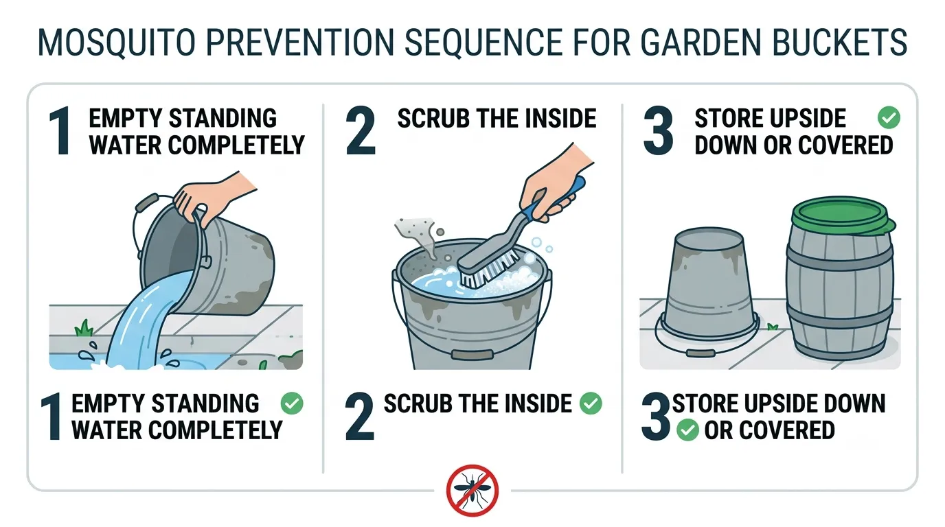 Illustration showing how to prevent mosquitoes breeding in buckets by emptying, cleaning and storing them upside down.