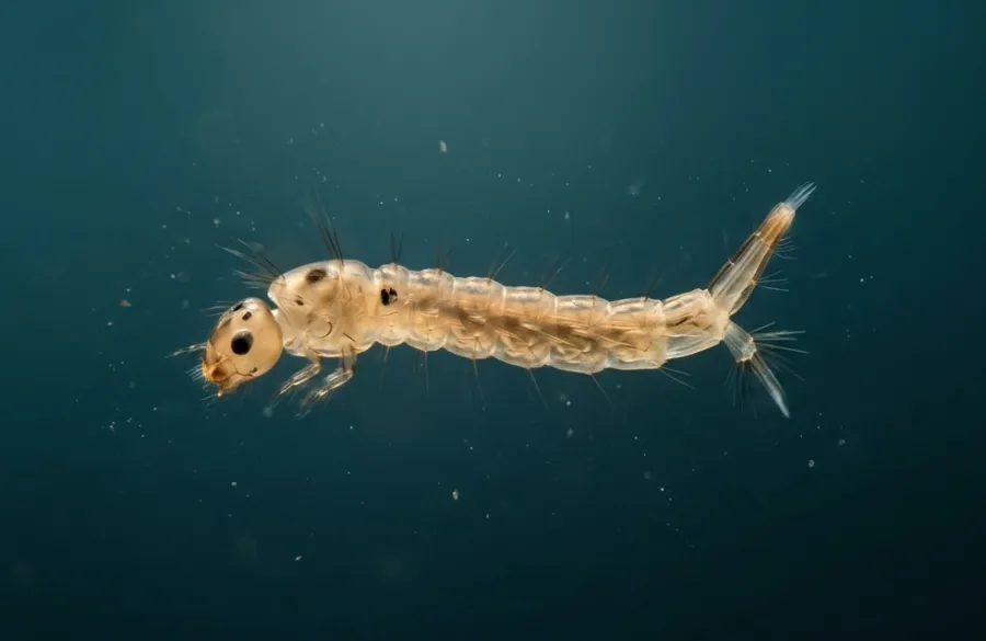 Side-view macro photograph of a single translucent mosquito larva underwater, showing its head, segmented body, bristles and breathing siphon.