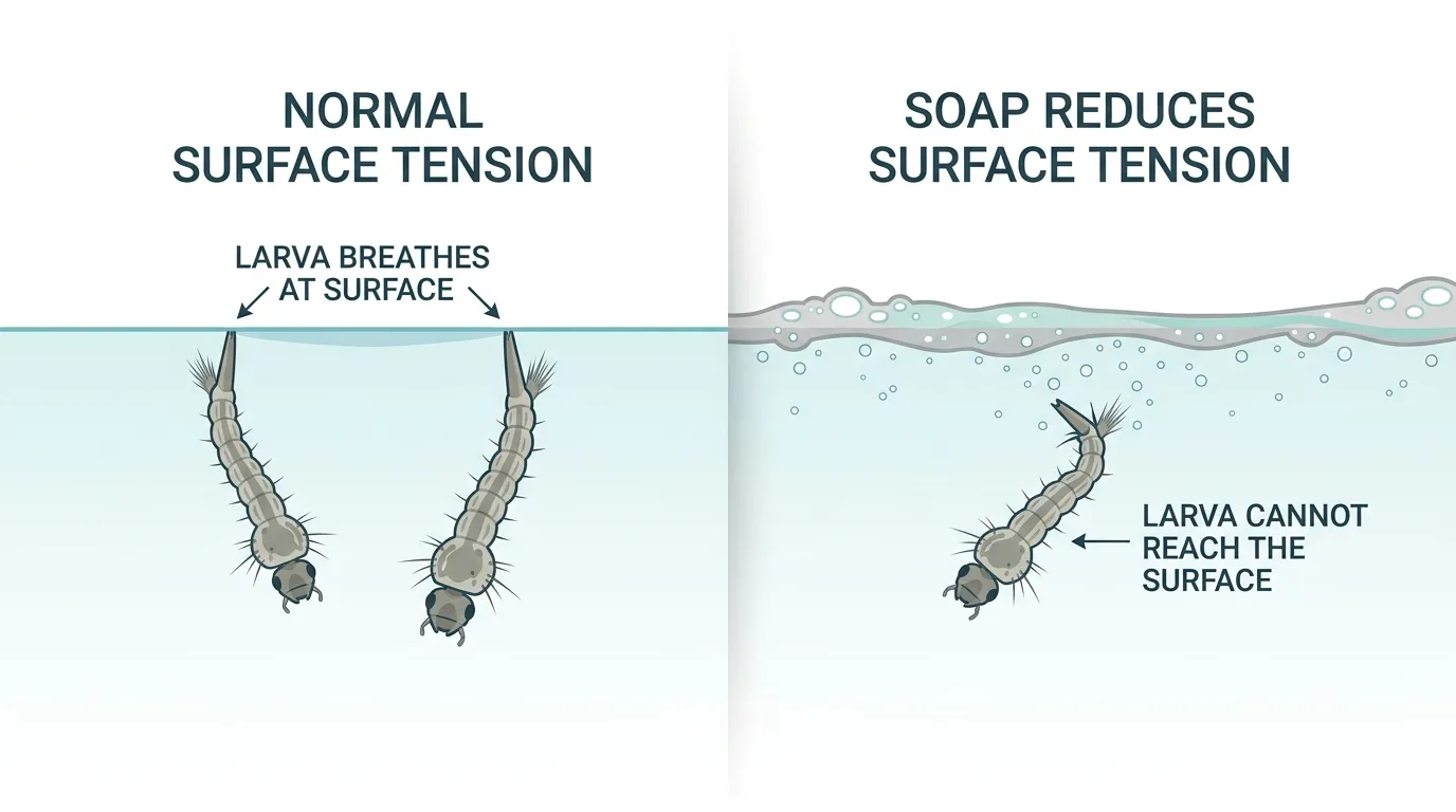 Diagram showing mosquito larvae breathing at the water surface and how soap reduces surface tension.