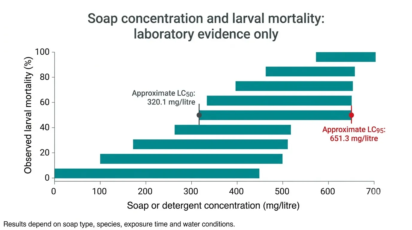 Chart showing that mosquito larval mortality increases as soap concentration increases in laboratory conditions.